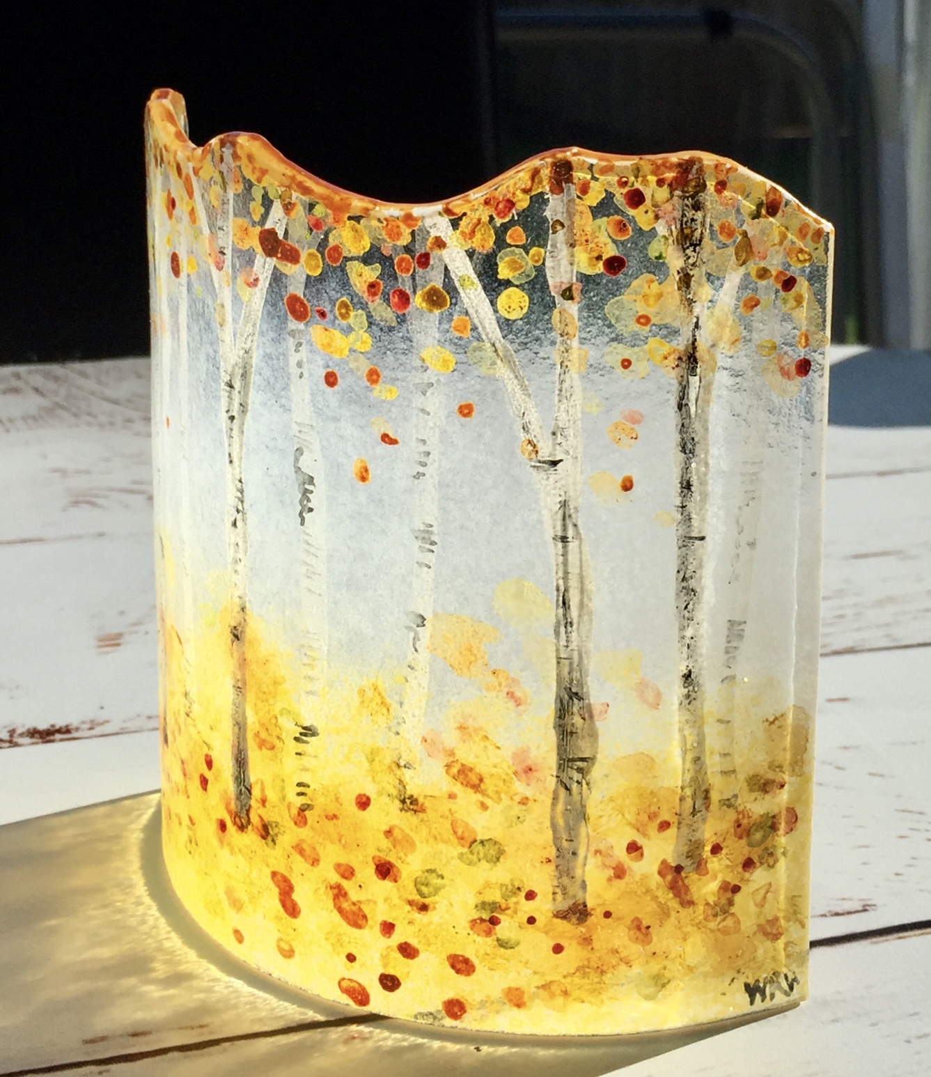 Short autumn birches panel Fused glass hand painted curved panel of birch trees in autumn