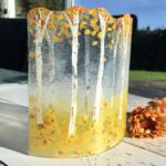 Handmade fused glass panel with autumnal silver birches design