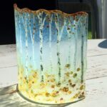Autumnal fused glass panel silver birches design with cyan background