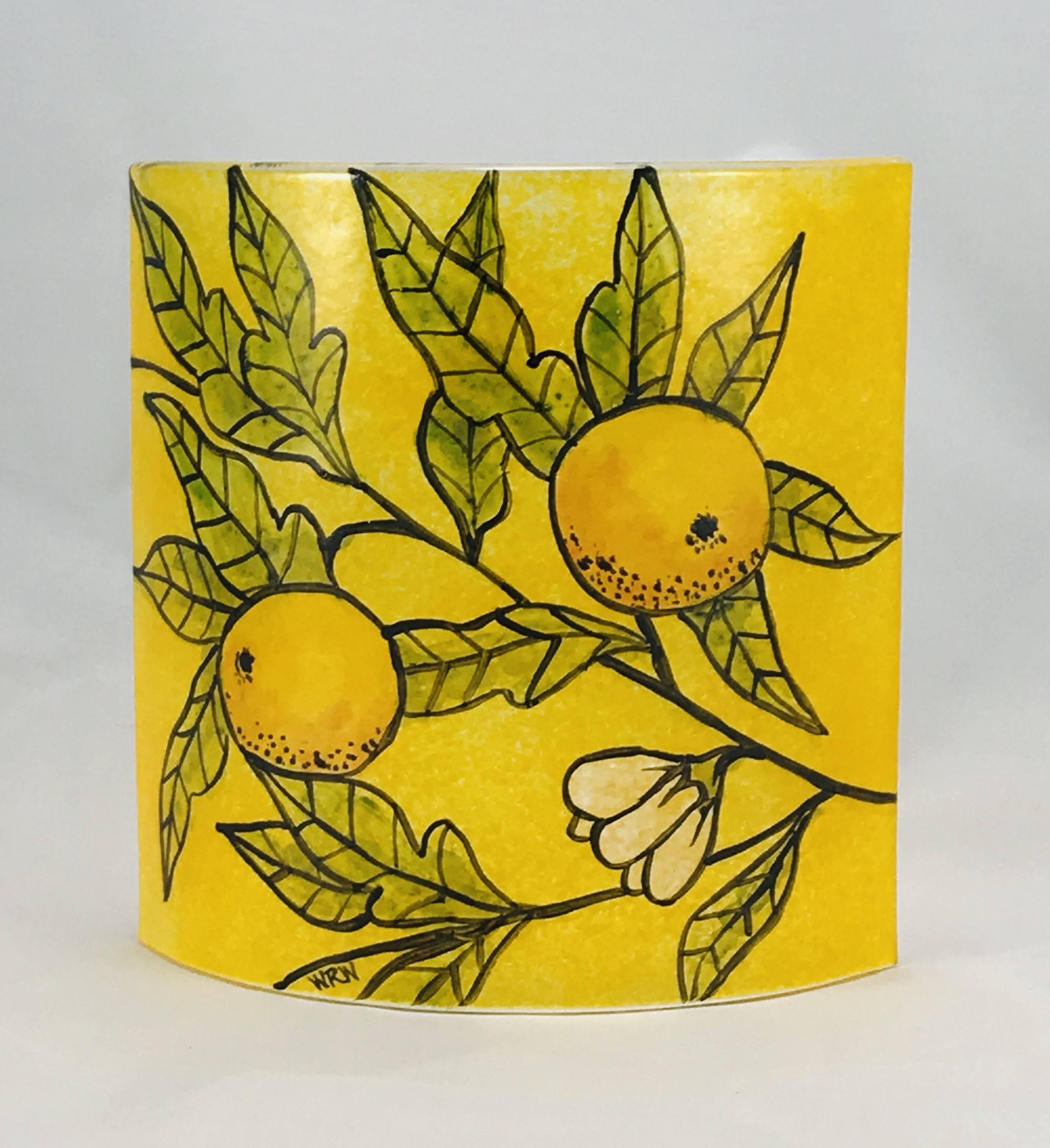 Short orange panel Fused glass curved panel of oranges and foliage