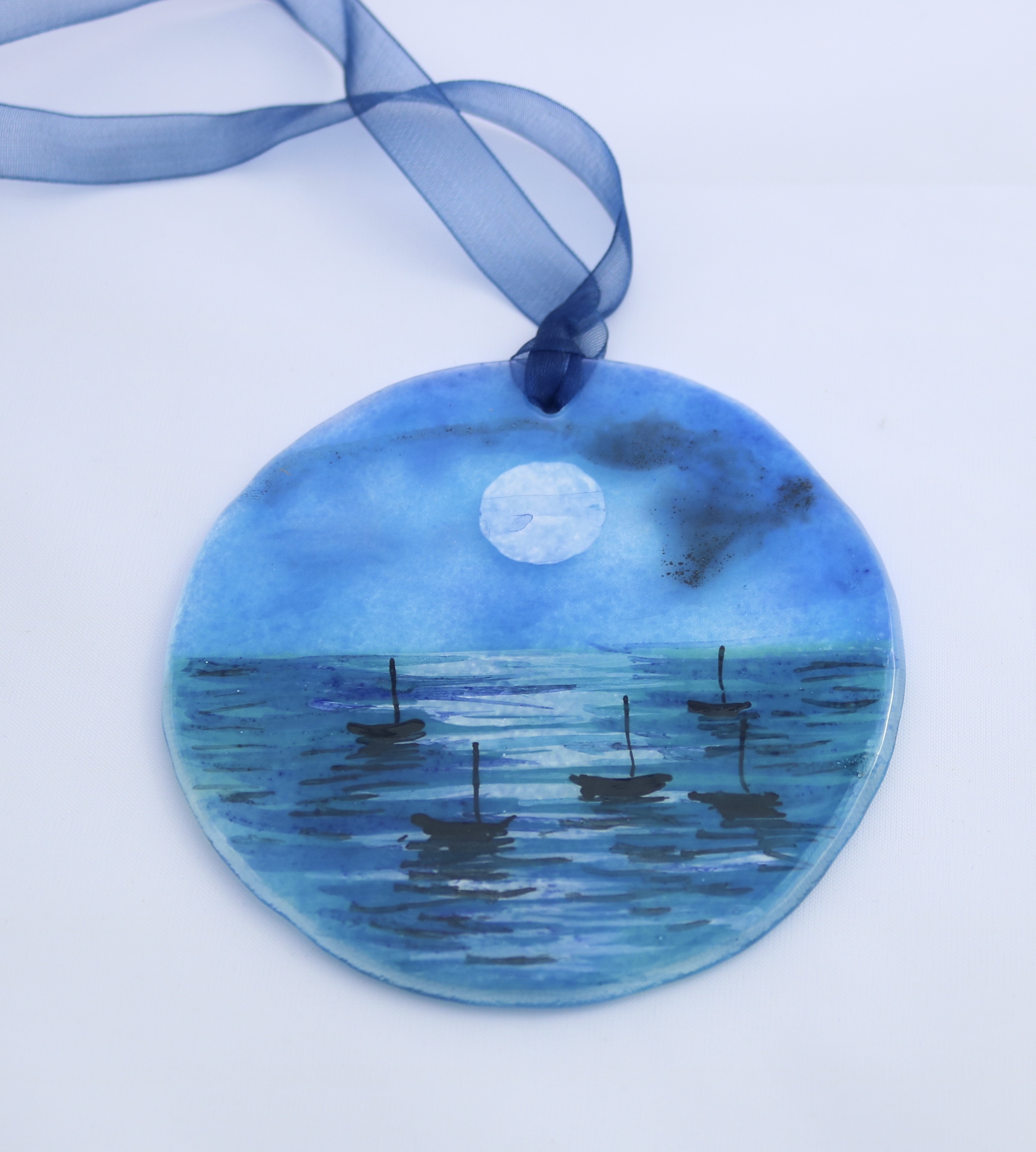 Moonlit sea suncatcher Handpainted seascape with moonlight and tiny silhouettes boats on glass