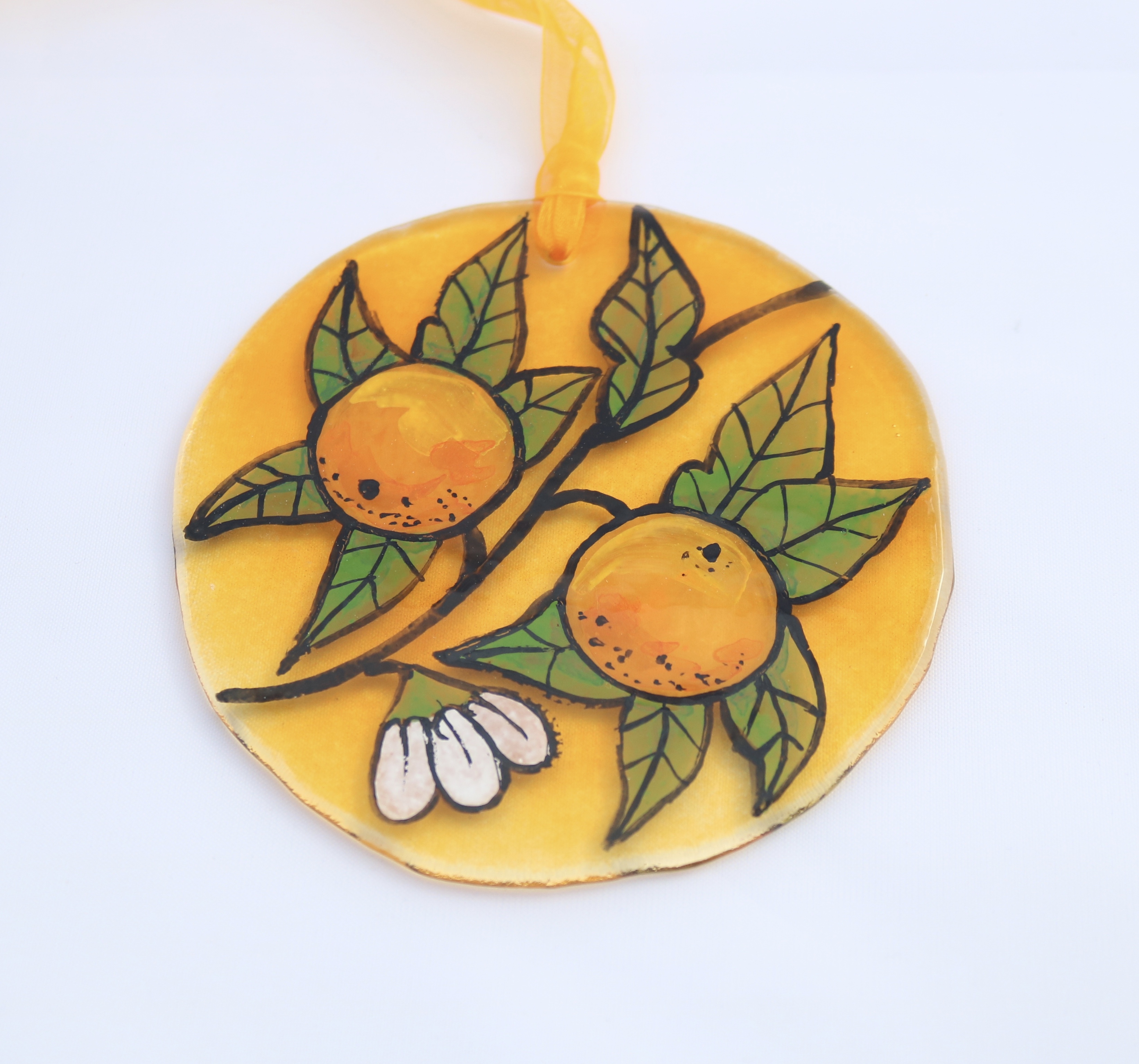 Oranges suncatcher Handpainted oranges and foliage on fused glass circle
