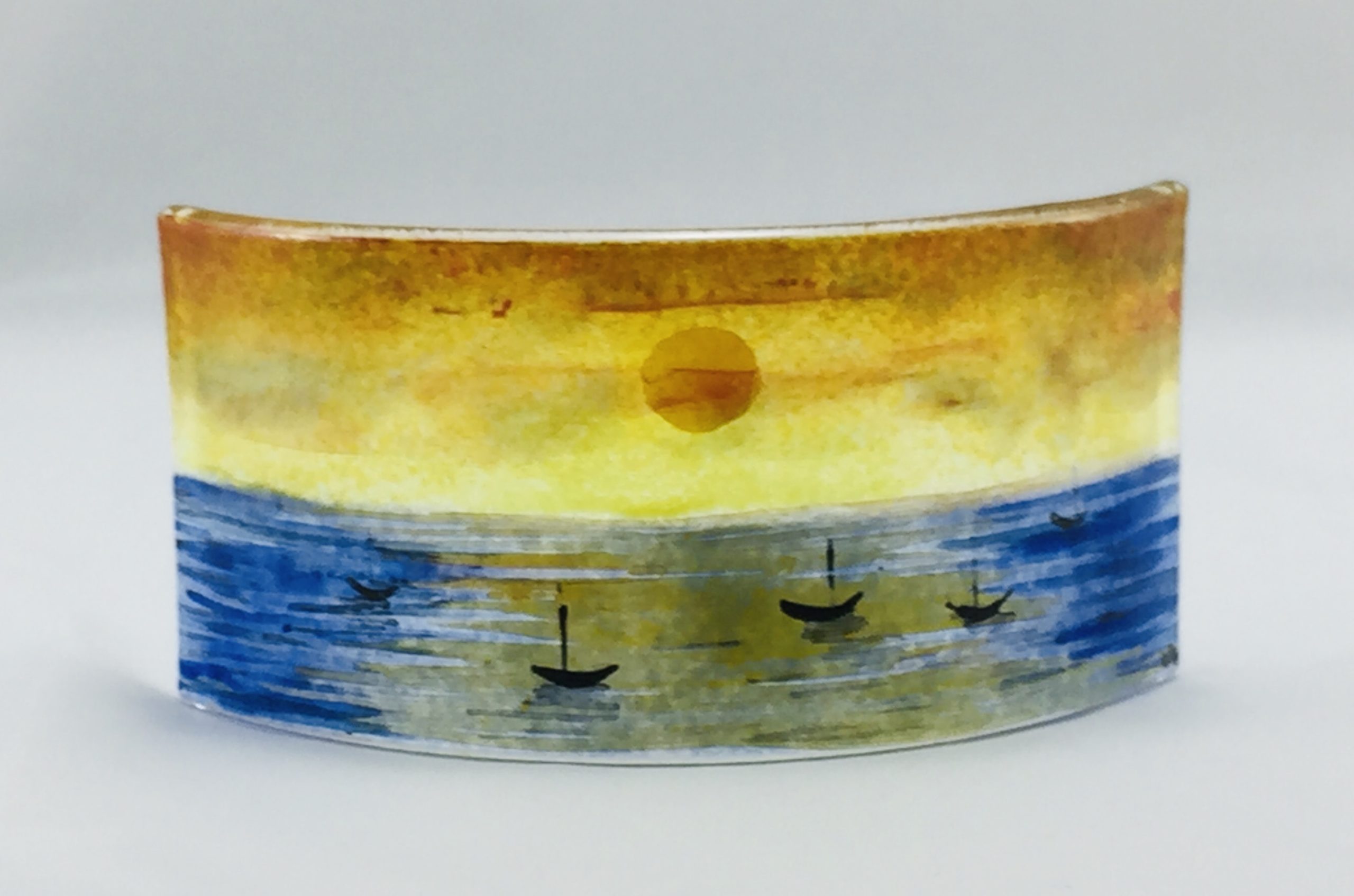 Mini bright sunset sea panel Mini fused glass panel of sunset on sea with boats