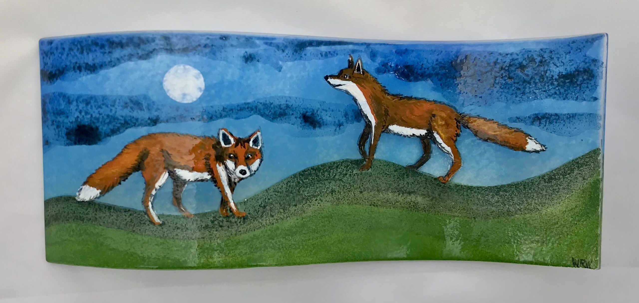 Night time Foxes long glass panel